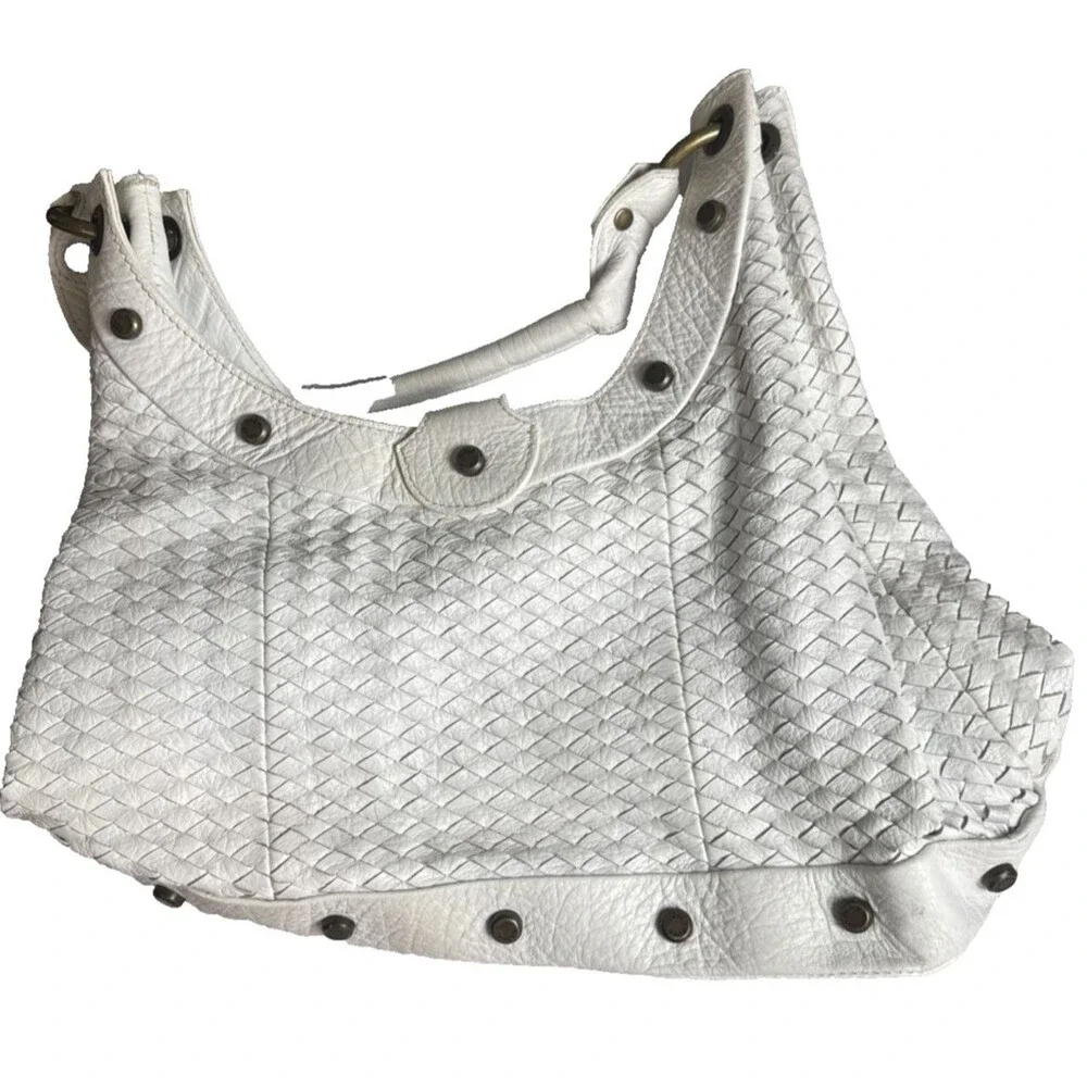 Plinio Visona Italy White Woven Leather Hobo Bag Tote Brass Studs Bottega Style